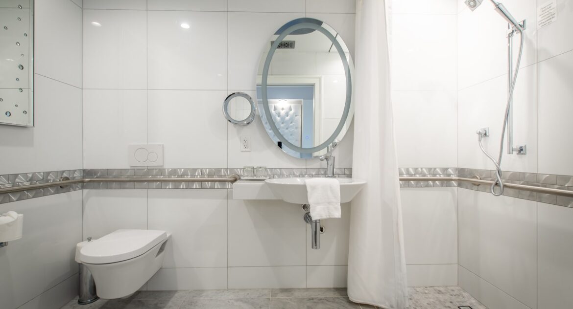 Stedman white bathroom with oval mirror white sink toilet and shower head with hose