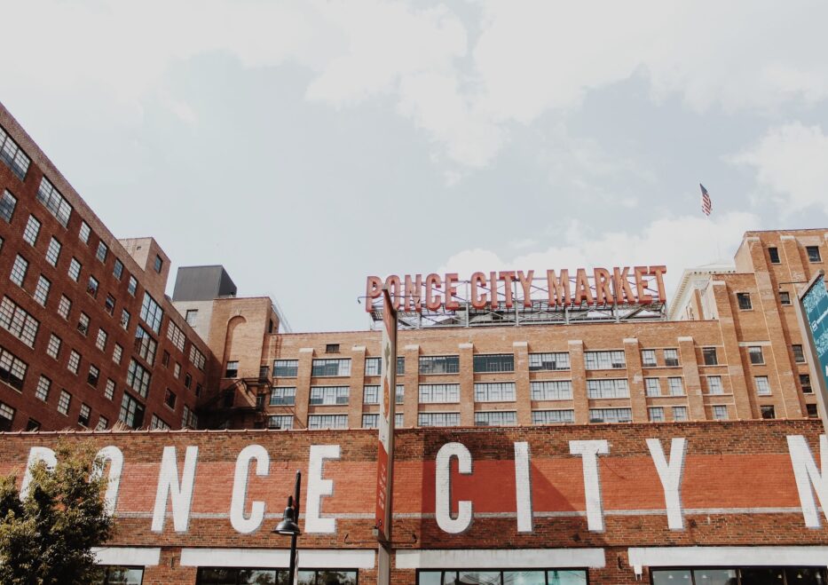 Ponce City Market Sign atop brick building