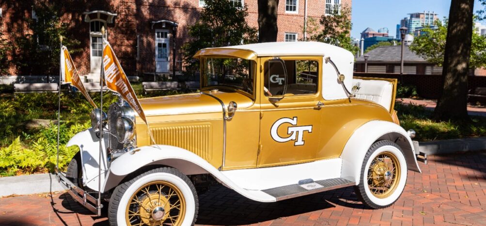 events-at-georgia-tech Old-fashioned gold car outside Georgia Tech