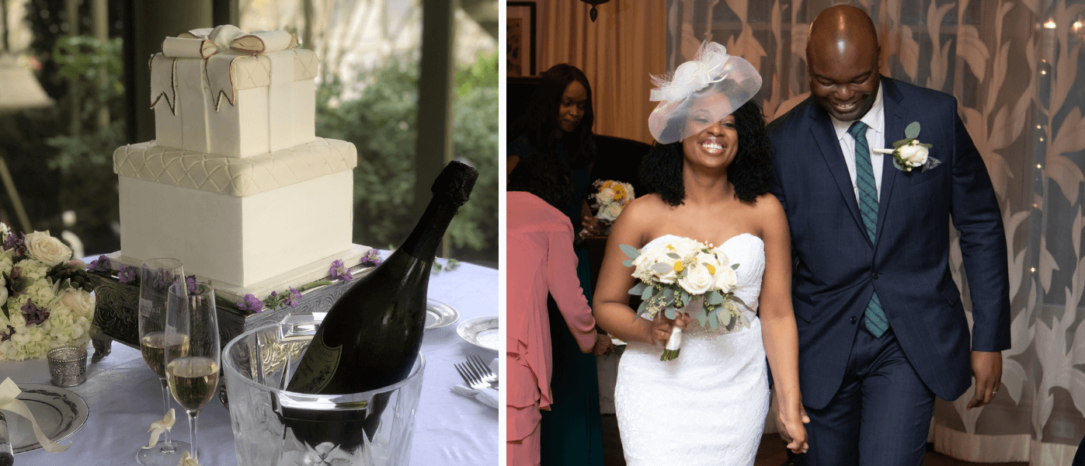 A newly married couple and a wedding cake from For Goodness Cakes