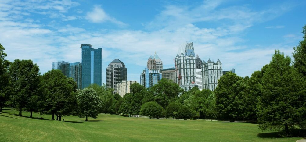 The skyline view of Midtown Atlanta from Piedmont Park